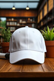 White baseball cap mockup on a wooden table in the office. Front view.