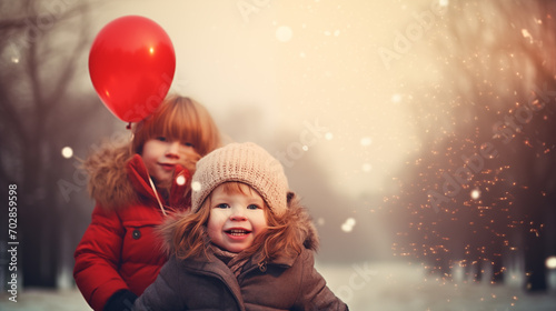 New Year greeting card. Two happy children under the snow in winter with red balloons. Realistically designed fake faces that you can use anywhere.