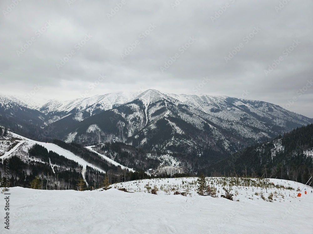 Panoramic view of high tatras mountain range in Slovakia on a cloudy winter day