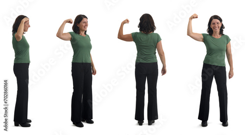 various poses of same woman showing her bicep on white background