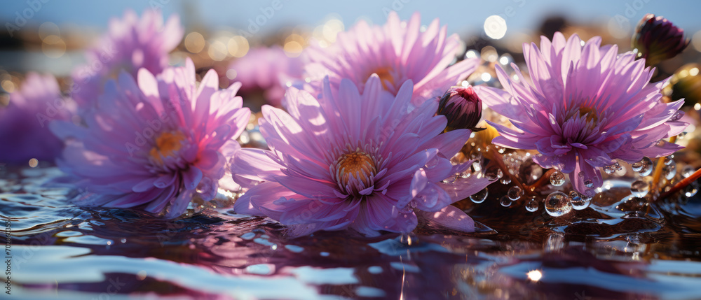 Vibrant pink aster flowers floating in water. Vibrant pink aster flowers floating in water.
