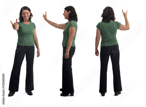 front,side and back of same woman showing the victory sign on white background