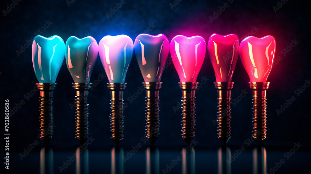 Dental implant in tooth row jaw colorful neon
