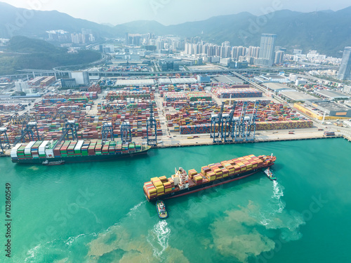 Aerial view of Manufacturing logistics cargo container ship at ship port in Yantian port, shenzhen city, China.export import business logistic international. photo