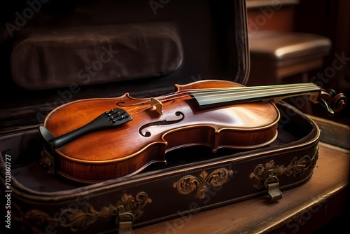 A close-up of a wooden violin resting on a velvet-lined case, awaiting the touch of a skilled musician.