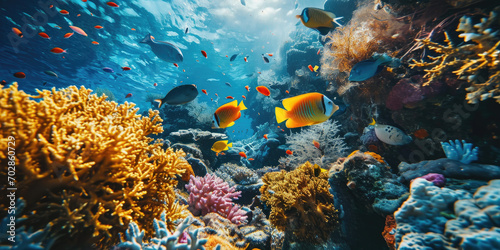 colorful tropical fishes swimming among coral reef