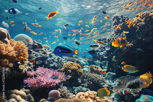 colorful tropical fishes swimming among coral reef © Kien