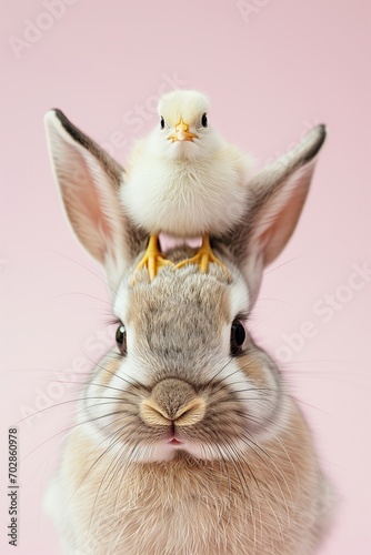 Cute bunny with a chicken on his head, Easter mood, on pink background