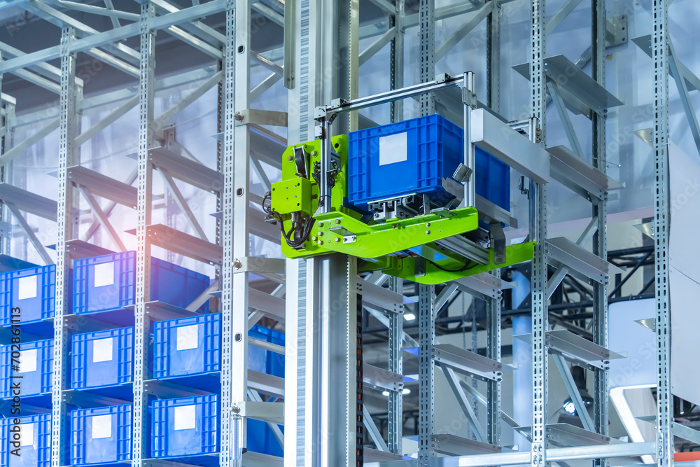 plastic boxes in the cells of the automated warehouse. Metal construction warehouse shelving plastic boxes in the cells of the automated warehouse. Metal construction warehouse shelving