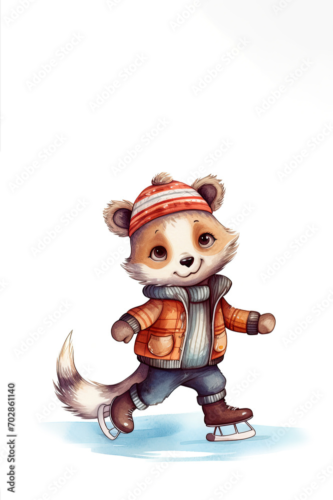 Happy wild animal cub ice skating. scandinavian style illustration. Winter outdoor fun Happy wild animal cub ice skating. scandinavian style illustration. Winter outdoor fun