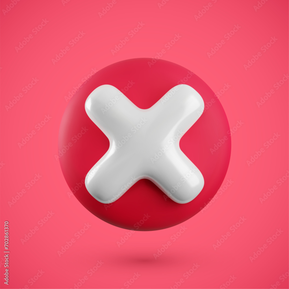 Vector realistic 3d red cross x banner. Trendy plastic wrong red check mark, delete sign on red background. No vote button. 3d render not approved symbol, error, failed sign for web, app, design. Vector realistic 3d red cross x banner. Trendy plastic wrong red check mark, delete sign on red background. No vote button. 3d render not approved symbol, error, failed sign for web, app, design.