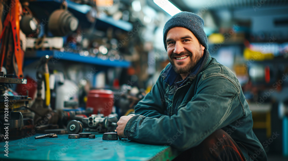 A mechanic in a garage.