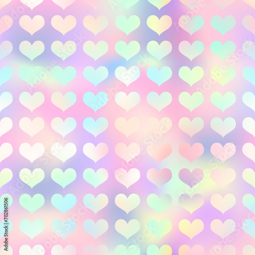 Shiny holographic hearts seamless pattern. Vector iridescent heart print on rainbow gradient background. Magic romantic Valentines Day backdrop texture for decoration, greeting, wedding design