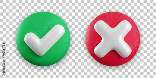 Vector 3d checkmarks icon set. Round glossy yes tick and no cross buttons on transparent background. Check mark and X symbol in green and red circle realistic 3d render. Right and wrong sign set
