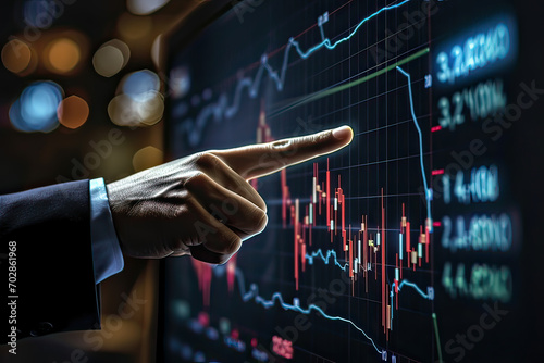 Discover the world of finance with a businessman pointing to a stock market graph on a digital screen, encapsulating the essence of investment strategies.