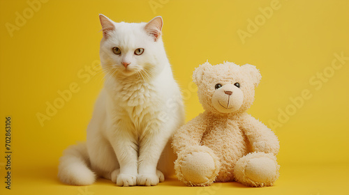 A white cat sitting next to a teddy bear, Isolated on a yellow background, copy space for text