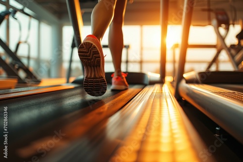 Active running workout of a woman in a fitness center. Close-up of legs in sneakers, girl athlete doing sports on a treadmill. photo
