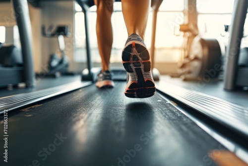 Active running workout of a woman in a fitness center. Close-up of legs in sneakers, girl athlete doing sports on a treadmill. © photolas