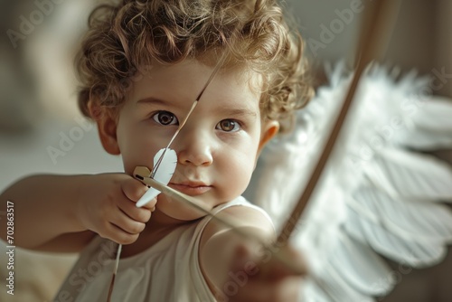 A little boy Cupid with wings aims an arrow of love from a bow. Funny child looking like an angel . photo