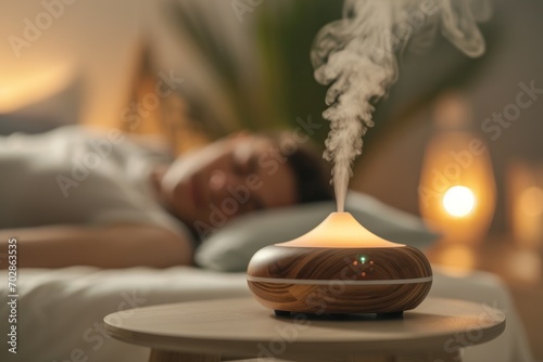 Man sleeping, relaxing in a room with automatic aroma oil diffuser on a table. A cloud of steam over an electric aroma lamp in a spa center. photo