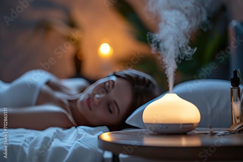 Woman sleeping, relaxing in a room with automatic aroma oil diffuser on a table. A cloud of steam over an electric aroma lamp in a spa center. photo