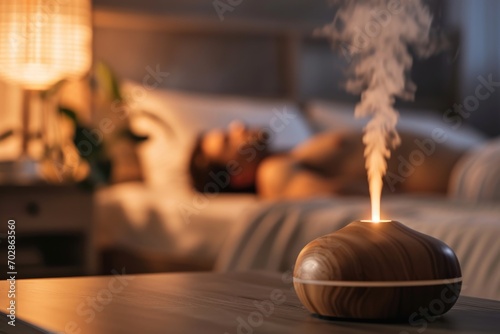 Man sleeping, relaxing in a room with automatic aroma oil diffuser on a table. A cloud of steam over an electric aroma lamp in a spa center.