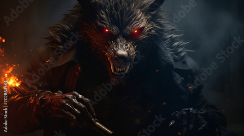 Evil werewolf hunter with red eyes