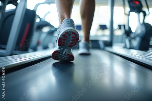 Active running workout of a male athlete in a fitness center. Close-up of feet in sneakers, man athlete working out on a treadmill.