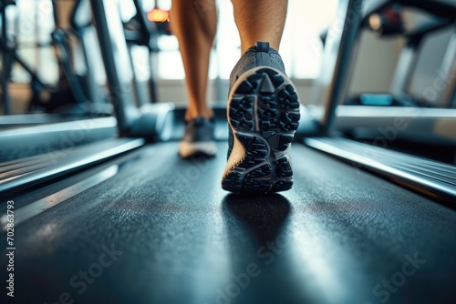 Active running workout of a male athlete in a fitness center. Close-up of feet in sneakers, man athlete working out on a treadmill. © photolas
