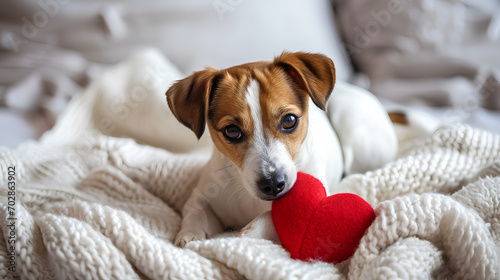 Adorable puppy Jack Russell Terrier with red heart on a white blanket, Valentine Day concept © mizan