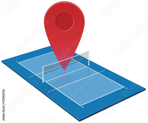 3D volleyball court with a red location marker placed behind the net (cut out)