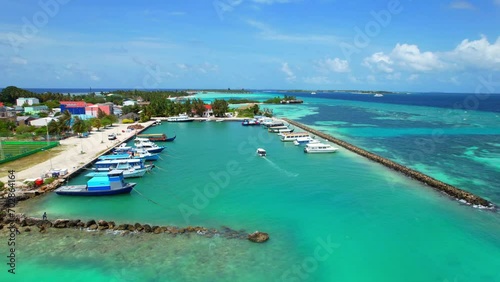 Huraa Island - Maldives - Aerial view of the harbor facilities with small ships