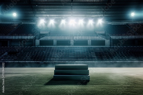 Champion's Spotlight: Podium in a Stadium with Rows of Empty Seats and Dynamic Light Flashes
