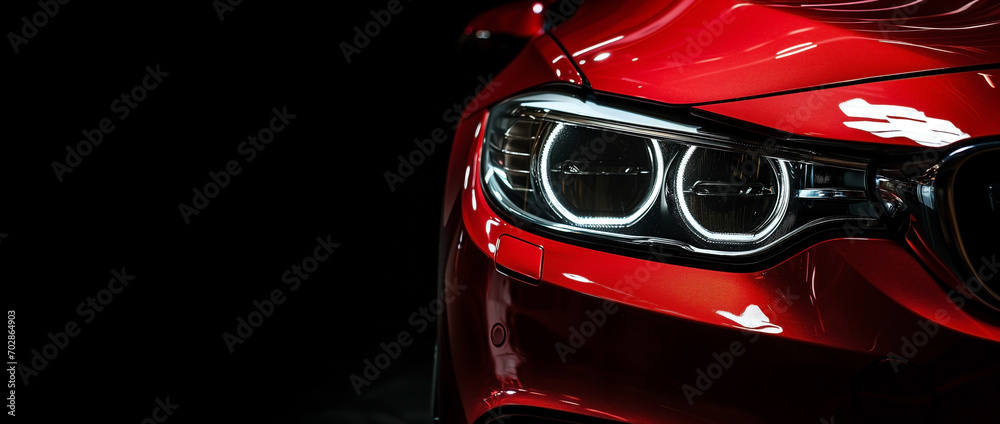 Closeup on headlight of a generic and unbranded red car on a black background