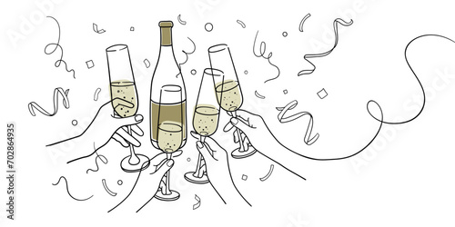 Continuous line yellow champagne cheers one line art, continuous drawing contour on white background. 4 Wine glasses with drinks. Cheers toast festive decoration for holidays. Vector illustration