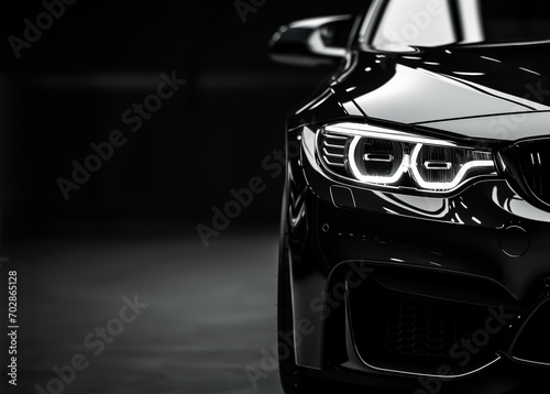 Closeup on headlight of a generic and unbranded black car on a dark background