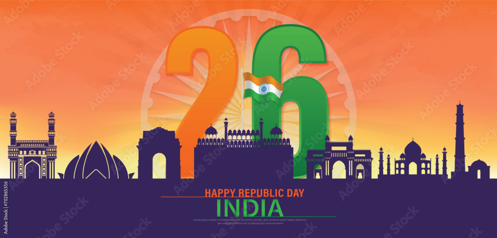 26 th January Indian Republic Day banner template design with Indian flag and silhouette of Indian monument.