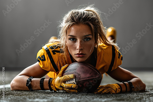 jeune femme sportive allongée au sol en tenue de football américain, tenant un ballon en cuir dans les mains