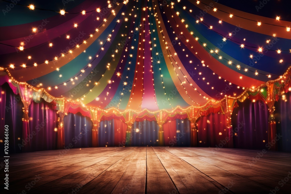 Circus stage with lights and wooden floor. Vector illustration. Eps 10, Colorful multi colored circus tent background and twinkling lights, AI Generated - obrazy, fototapety, plakaty 