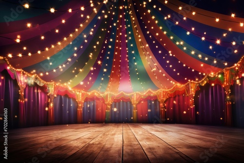 Circus stage with lights and wooden floor. Vector illustration. Eps 10, Colorful multi colored circus tent background and twinkling lights, AI Generated photo