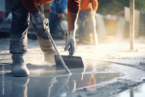 Worker leveling concrete floor with shovel at construction site, closeup, Construction worker use screed concrete epoxy for level mixture of cement floors, AI Generated photo