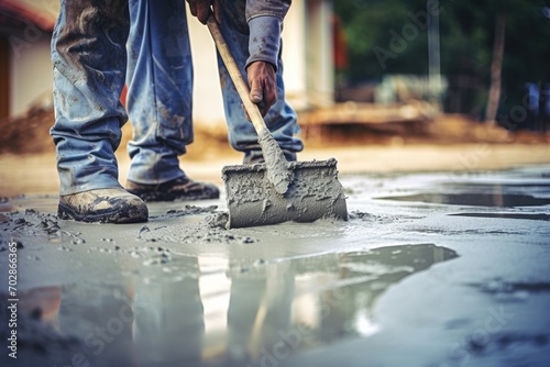 Worker spreading concrete on the ground with trowel and shovel, Construction worker use screed concrete epoxy for level mixture of cement floors, AI Generated