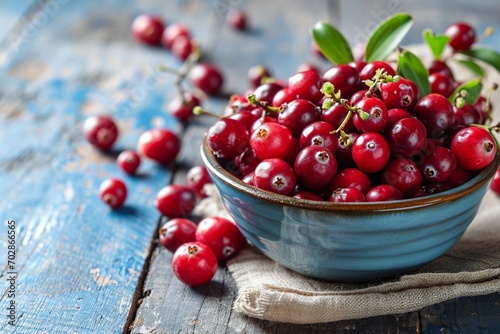 Cranberry Crop in Bowl on Blue Wooden Table