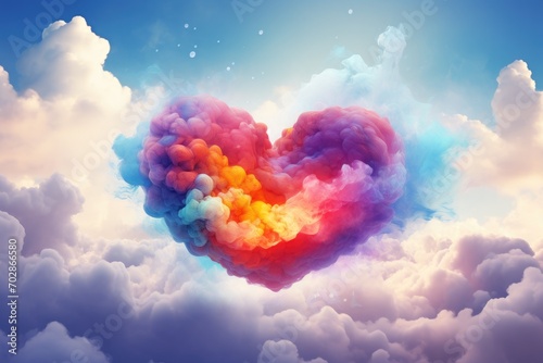 Heart shape made of colorful smoke on sky background. 3D rendering, Colorful heart in the form of a cloud against a vibrant background, AI Generated