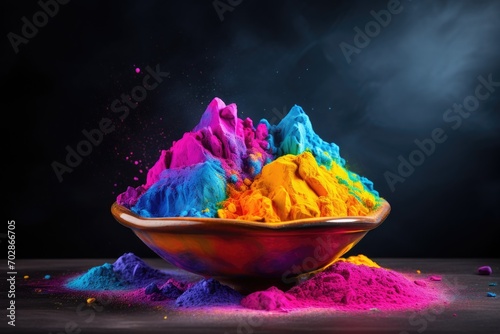 Colorful holi powder in bowl on black background. Holi festival, Colorful Holi powder in a bowl on a dark background, panoramic shot, AI Generated © Iftikhar alam