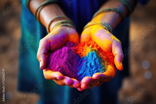 Holi festival in India - colorful holi powder in woman hands, Colorful Holi powder in hands, Indian festival Holi background, AI Generated