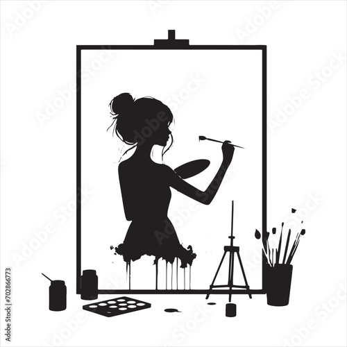 Imagination Unveiled: Silhouette of a Painting Girl Revealing Artistic Wonders, Perfect for Creative Unveilings and Painting Black Vector Stock
