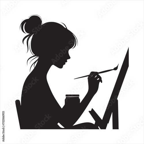 Silhouette Serenade: Painting Girl Engaged in Artistic Melody, Ideal for Creative Soundtracks and Painting Black Vector Stock
