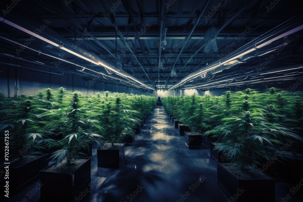 Rows of marijuana plants growing in a greenhouse with neon lights, AI Generated - obrazy, fototapety, plakaty 