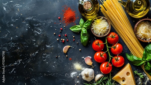 Italian Pasta Cooking Ingredients on Black Stone Table